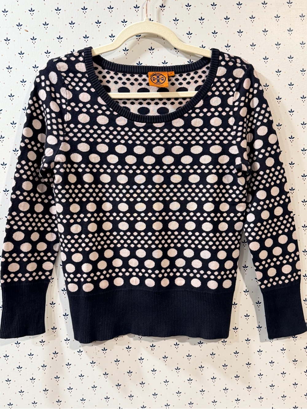 Tory Burch Navy Blue Cream Multi Polka Dot Intarsia Knit Scoop Neck Sweater - M